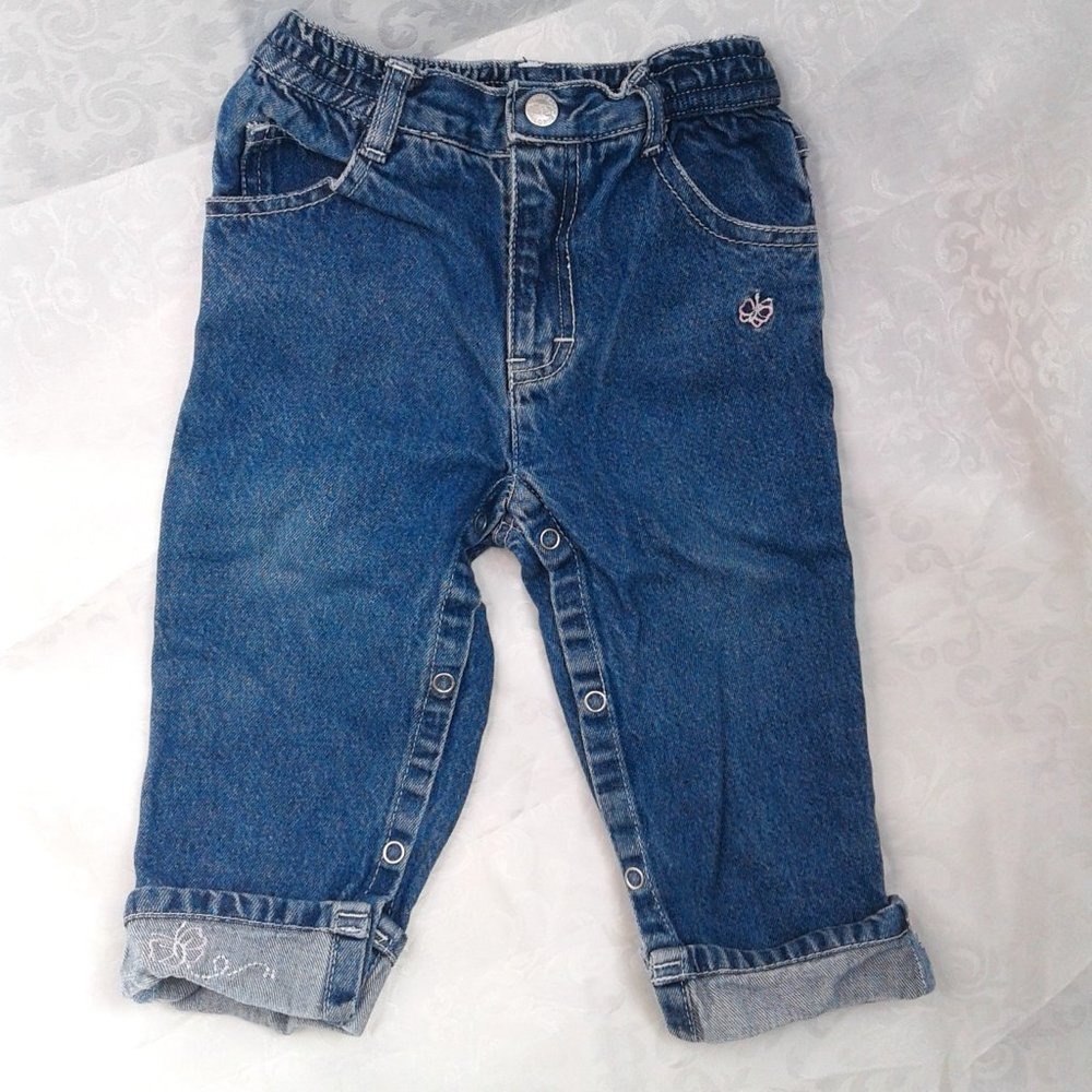 Faded Glory Toddler Girls Pull-On Jeans Snaps Pink Butterflies Size 18 Months